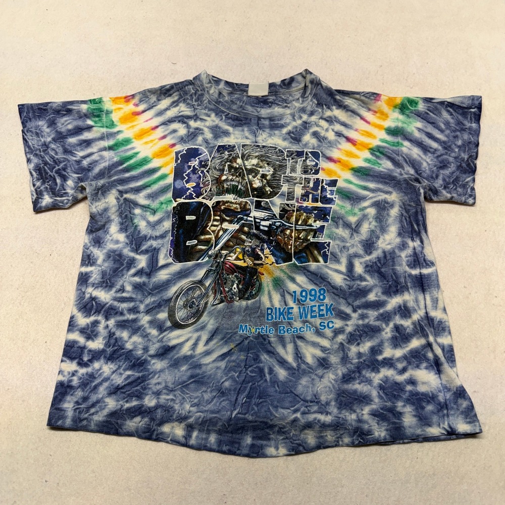 Vintage 1998 Myrtle Beach Bike Week T-Shirt Bad To The Bone USA Made Tie Dye XL